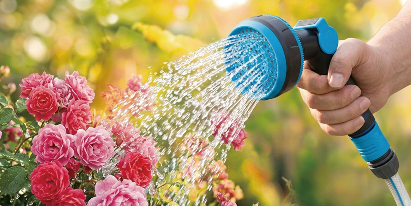 Una pistola pulverizadora utilizada para regar flores en un jardín.
