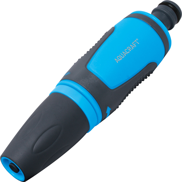 Adjustable garden hose nozzle from soft spray to hard jet and mist